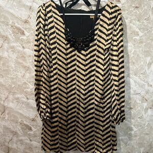 Takara‎ Chevron Dress Party Cocktail Embellished Neckline Black Gold M